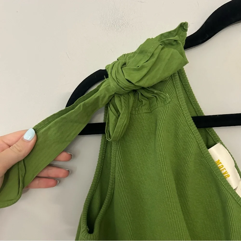 Anthropologie Maeve Green Ribbed One Shoulder Tie Top - Picture 3 of 6